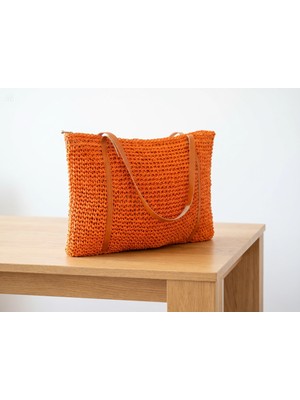 Meya Design Kadın Turuncu Örgü Dokulu Fermuarlı Omuz Çantası - Iç Cepli (25X40 Cm)