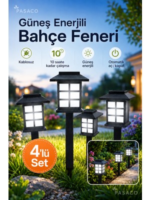 Pasaco 4’lü Set Güneş Enerjili Bahçe Feneri Solar Kablosuz Otomatik Yanan Çim Yol Lambası Beyaz Işık