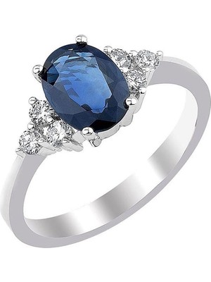 İryum Pırlanta Taşlı Oval Safir Tektaş Yüzük