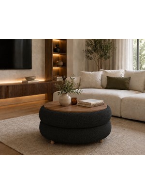 Own Home Venüs Yuvarlak Formlu Teddy Kumaş Kaplamalı Ahşap Ayaklı Modern Orta Sehpa, Salon, Balkon, Oturma Odası,ofis