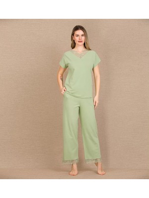 Marsilyan™- Pamuklu Şık Tasarım Dantel Işlemeli Yeşil Kısa Kol Pijama Takımı