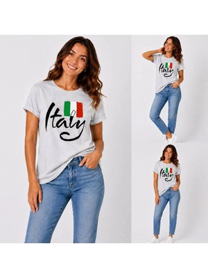 Enb1r Moda Italy Yazılı Italyan Bayrak Renkleri Baskılı Unisex Gri Premium Basic T-Shirt