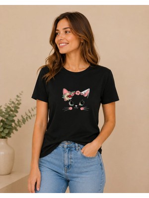 Enb1r Moda Çiçekli Kedi Baskılı Basic Tişört Beyaz