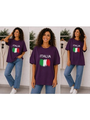 Enb1r Moda Italıa Bayrak Renkleri Temalı Baskılı Oversize Tişört Unisex Mor Premium Basic T-Shirt