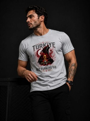 Enb1r Moda Türkiye Taraftar Tişörtü Unisex Ay Yıldız Bozkurt Baskı Detaylı Gri Premium T-Shirt