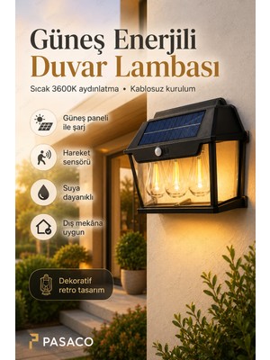 Pasaco Güneş Enerjili Dış Mekan Duvar Lambası Hareket Sensörlü Solar Bahçe Aplik 3600K