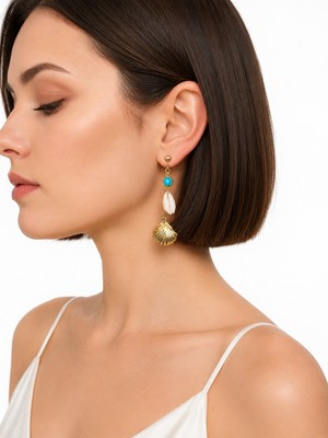 Haki Store Detaylı Turkuaz Taşlı Gold Deniz Kabuğu Sallantılı Kadın Küpe