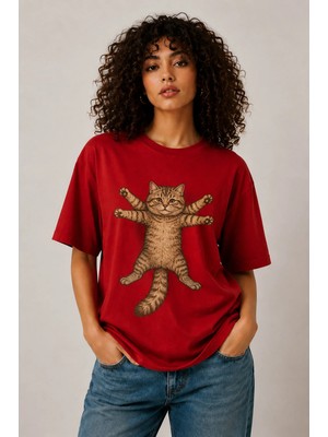 Enb1r Moda Retro Stil Kedi Baskılı Günlük Oversize Tişört