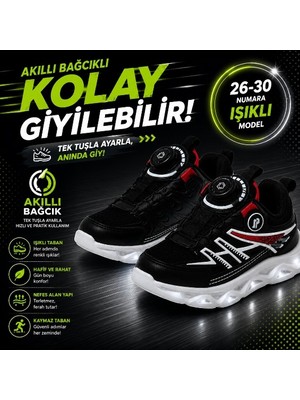 Promax Akıllı Bağcıklı Işıklı Çocuk Spor Ayakkabı Siyah 26-30 Kolay Giyilebilir