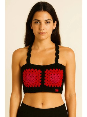Talin Handmade Kırmızı ve Siyah Granny Kare Detaylı Crop - 36 Beden Uyumlu