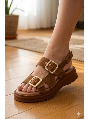Shoemix Kadın Tarçın Süet Deri Tokalı Sandalet-Kalın Taban Günlük ve Şık Tasarım