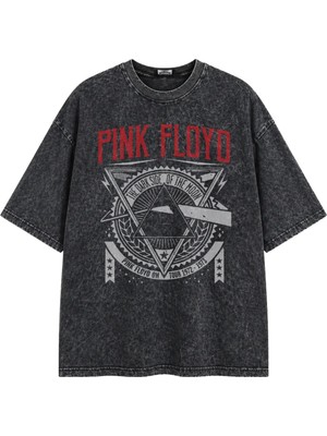 Unisex Pink Floyd Yazılı Yıkamalı Tişört, Oversize Rock-Metal Baskılı Vintage T-Shirt