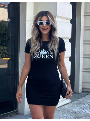 Marsilyan- Kadın Kısa Kollu Queen Baskı Iki Iplik Mini Elbise