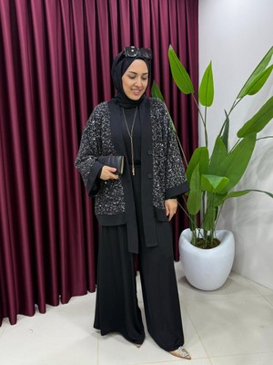 Esra Butik Pul Payet Detaylı Tilda Kumaş Tesettürlü Üçlü Takım – Bej & Siyah & Kahve