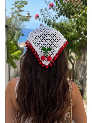 Kadın Kirazlı Örgü Bandana Ponponlu Tığ Işi Yazlık Saç Bandı El Emeği Aksesuar