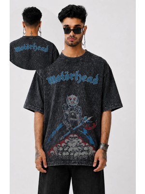 Unisex Motörhead Ense Baskılı Yıkamalı T-Shirt, Oversize Rock Band Temalı Retro Tişört