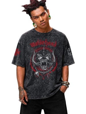 Fuddy Moda Unisex Motörhead Kol Baskılı Yıkamalı Tişört, Oversize Rock-Metal Baskılı Eskitme T-Shirt