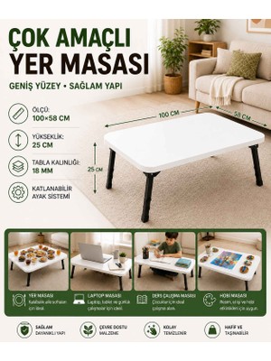 İmt Aksesuar Katlanabilir Ayaklı Çok Amaçlı Yer Masası 100X58 cm Beyaz Yer Sofrası Laptop Çalışma Çocuk Etkinlik ve Hobi Masası