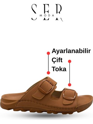 Sermoda Kadın Terlik  – Esnek Anatomik Tabanlı Ayarlanabilir Çift Tokalı Kadın Terlik Taba
