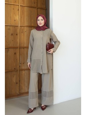 Esra Butik %100 Pamuk Yazlık Tesettür Takım - Haki & Vizon & Acı Kahve Ince Keten Pantolonlu Takım