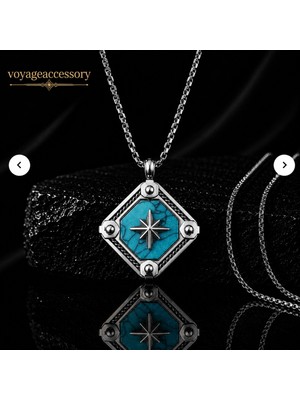 Voyage Accessory Premium Tasarım Paslanmaz Titanyum Çelik Turkuaz Taş Detaylı Kuzey Yıldızı Gemici Pusula Kolye