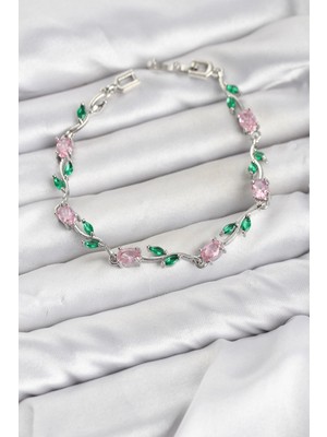 Marsilyan Pirinç Gümüş Renk Pembe Zirkon Taşlı Çiçek Model Kadın Bileklik TJ-BB8590