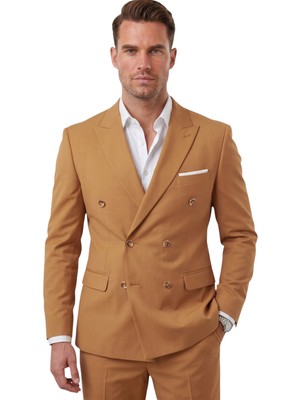 Deepsea Erkek Camel Premium Collection Italyan Kesim Likralı Kruvaze Takım Elbise 2600643