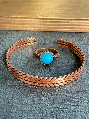 Aida Jewelss El Işi Bakır Bileklik ve Doğal Taşlı Yüzük Kombini, Ayarlanabilir Ölçü