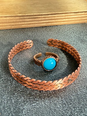 Aida Jewelss El Işi Bakır Bileklik ve Doğal Taşlı Yüzük Kombini, Ayarlanabilir Ölçü