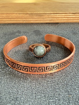 Aida Jewelss El Işi Bakır Bileklik ve Doğal Taşlı Yüzük Kombini, Ayarlanabilir Ölçü