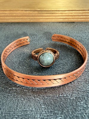 Aida Jewelss El Işi Bakır Bileklik ve Doğal Taşlı Yüzük Kombini, Ayarlanabilir Ölçü
