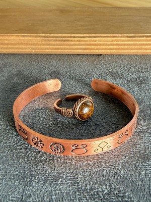 Aida Jewelss El Işi Bakır Bileklik ve Doğal Taşlı Yüzük Kombini, Ayarlanabilir Ölçü