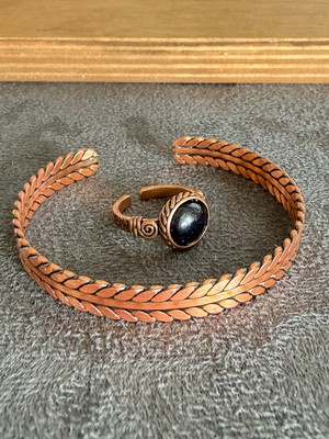 Aida Jewelss El Işi Bakır Bileklik ve Doğal Taşlı Yüzük Kombini, Ayarlanabilir Ölçü