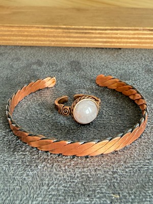 Aida Jewelss El Işi Bakır Bileklik ve Doğal Taşlı Yüzük Kombini, Ayarlanabilir Ölçü