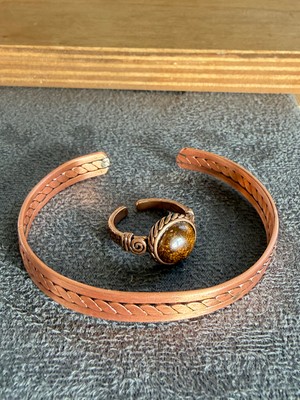 Aida Jewelss El Işi Bakır Bileklik ve Doğal Taşlı Yüzük Kombini, Ayarlanabilir Ölçü