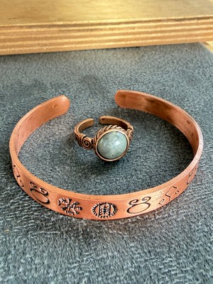Aida Jewelss El Işi Bakır Bileklik ve Doğal Taşlı Yüzük Kombini, Ayarlanabilir Ölçü