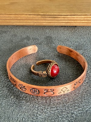 Aida Jewelss El Işi Bakır Bileklik ve Doğal Taşlı Yüzük Kombini, Ayarlanabilir Ölçü