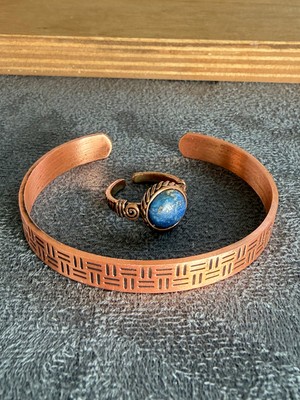 Aida Jewelss El Işi Bakır Bileklik ve Doğal Taşlı Yüzük Kombini, Ayarlanabilir Ölçü