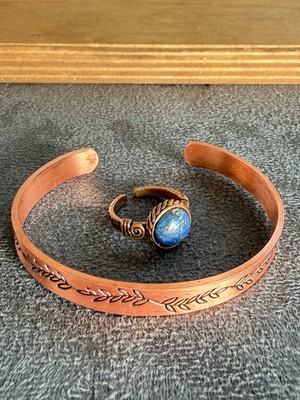 Aida Jewelss El Işi Bakır Bileklik ve Doğal Taşlı Yüzük Kombini, Ayarlanabilir Ölçü