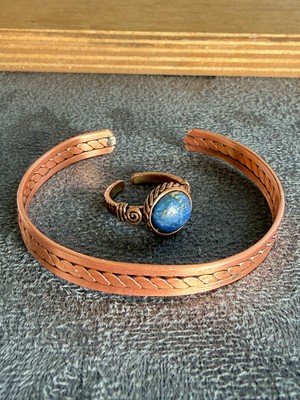 Aida Jewelss El Işi Bakır Bileklik ve Doğal Taşlı Yüzük Kombini, Ayarlanabilir Ölçü