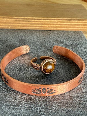 Aida Jewelss El Işi Bakır Bileklik ve Doğal Taşlı Yüzük Kombini, Ayarlanabilir Ölçü