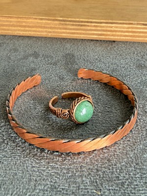 Aida Jewelss El Işi Bakır Bileklik ve Doğal Taşlı Yüzük Kombini, Ayarlanabilir Ölçü