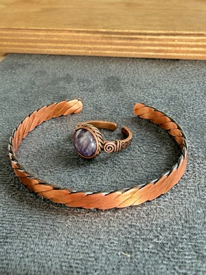 Aida Jewelss El Işi Bakır Bileklik ve Doğal Taşlı Yüzük Kombini, Ayarlanabilir Ölçü