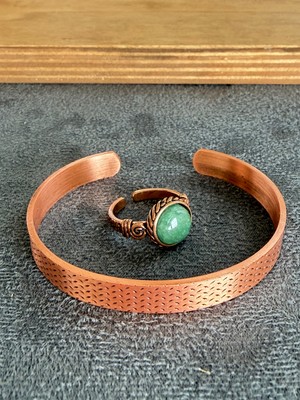 Aida Jewelss El Işi Bakır Bileklik ve Doğal Taşlı Yüzük Kombini, Ayarlanabilir Ölçü