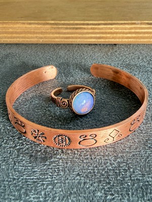 Aida Jewelss El Işi Bakır Bileklik ve Doğal Taşlı Yüzük Kombini, Ayarlanabilir Ölçü