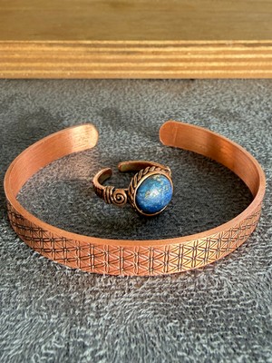 Aida Jewelss El Işi Bakır Bileklik ve Doğal Taşlı Yüzük Kombini, Ayarlanabilir Ölçü
