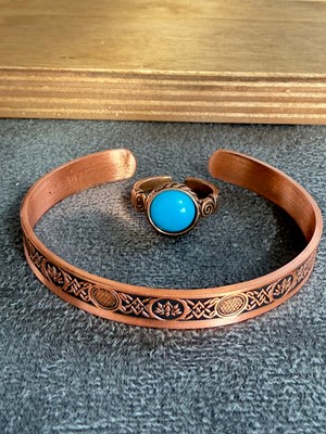 Aida Jewelss El Işi Bakır Bileklik ve Doğal Taşlı Yüzük Kombini, Ayarlanabilir Ölçü