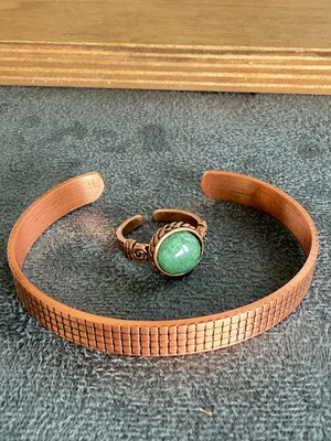 Aida Jewelss El Işi Bakır Bileklik ve Doğal Taşlı Yüzük Kombini, Ayarlanabilir Ölçü