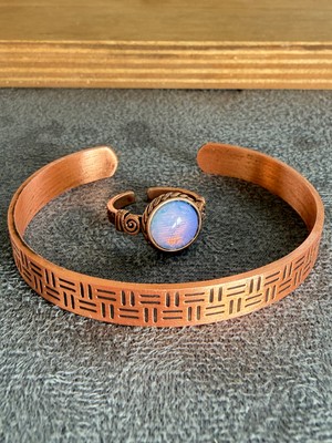 Aida Jewelss El Işi Bakır Bileklik ve Doğal Taşlı Yüzük Kombini, Ayarlanabilir Ölçü