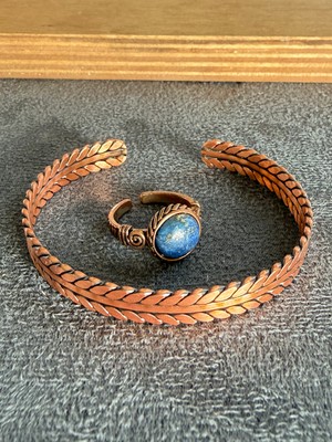 Aida Jewelss El Işi Bakır Bileklik ve Doğal Taşlı Yüzük Kombini, Ayarlanabilir Ölçü